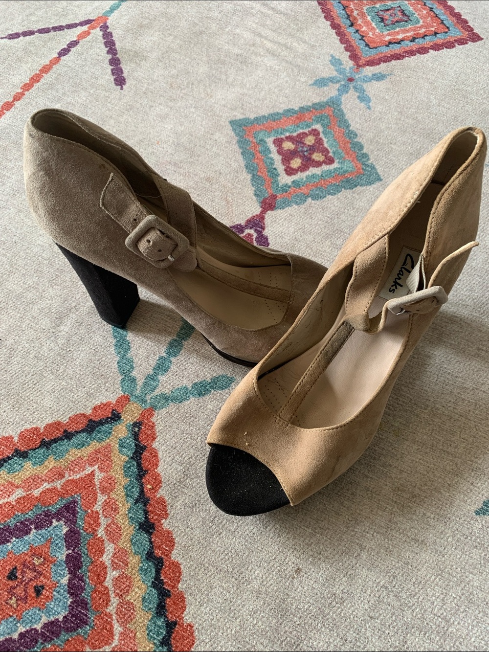 Clarks Two-Tone Suede Peep-Toe Heels in Taupe and Black